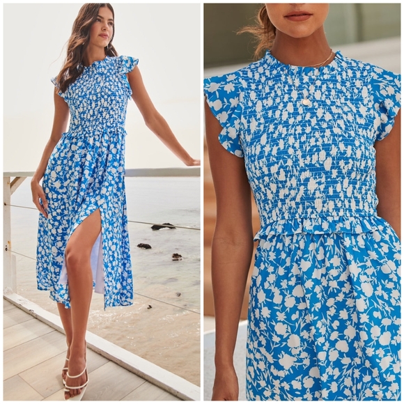 LAST 1❗️SUGARLIPS Palmas Amira Blue Ivory Smocked Midi Dress - Picture 6 of 12